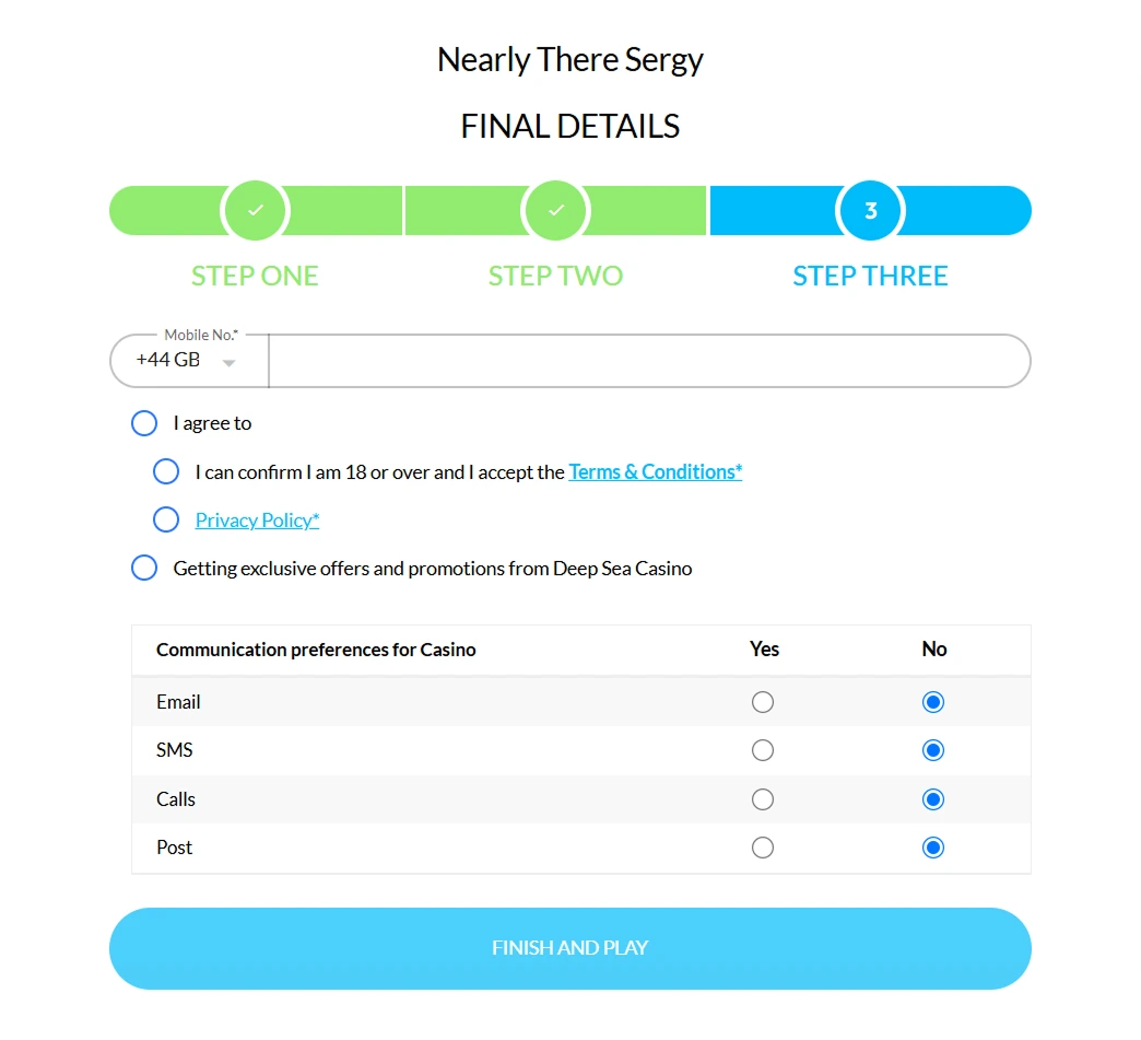 DeepSea Casino final step – marketing preferences and terms agreement